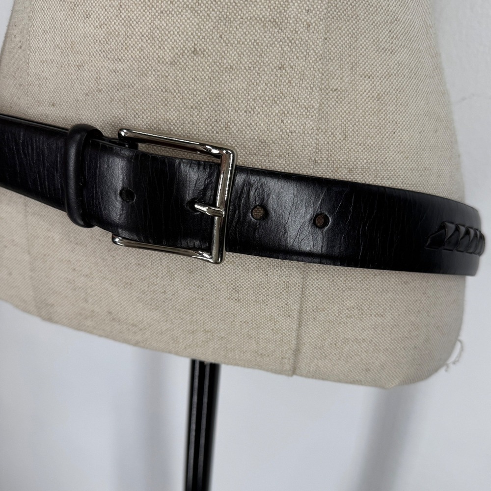 Cole Haan Mens Black Leather Braided Weave Belt Silver Buckle Size 42 Preppy